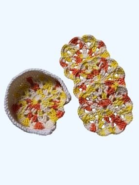 Cotton Flower Round Coasters-Set Of 4 With Holder-Multicolor Yellow,Orange,White